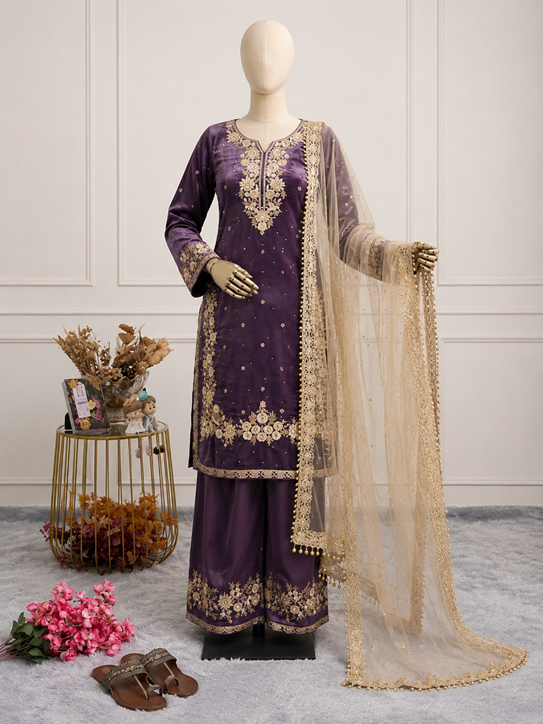 Women's Silk Embroidered 3/4th Sleeve Round Kurti With Palazzo Pant and Dupatta Set (Purple)      A3512222218_L