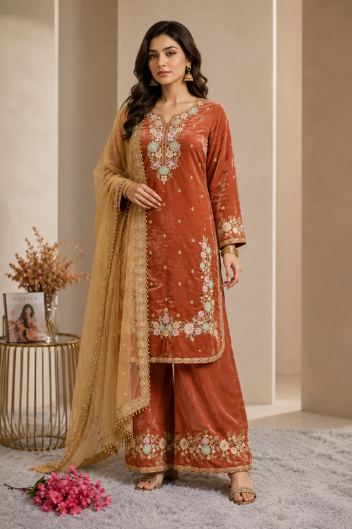 Women's Silk Embroidered 3/4th Sleeve Round Kurti With Palazzo Pant and Dupatta Set (Orange) A3512222215_L
