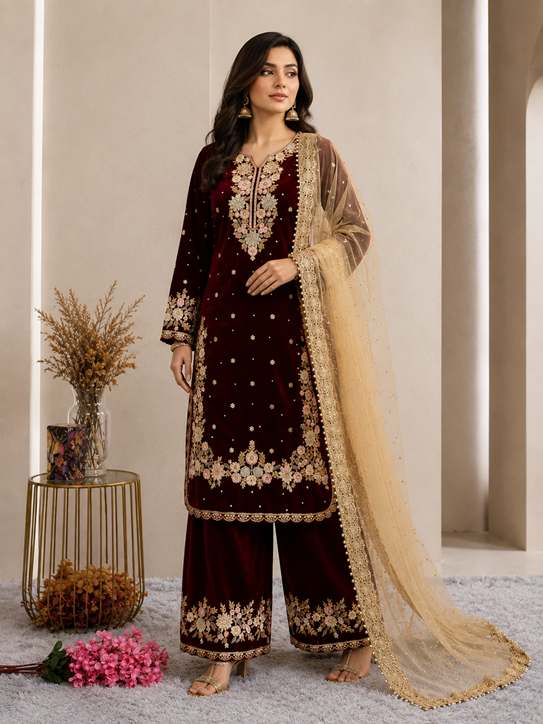 Women's Silk Embroidered 3/4th Sleeve Round Kurti With Palazzo Pant and Dupatta Set (Maroon) A3512222213_L