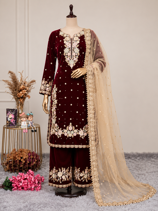 Women's Silk Embroidered 3/4th Sleeve Round Kurti With Palazzo Pant and Dupatta Set (Maroon) A3512222213_L