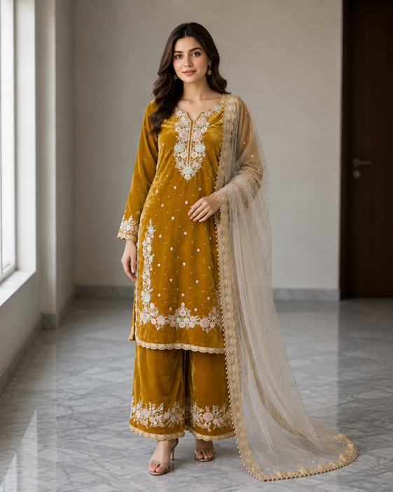 Women's Silk Embroidered 3/4th Sleeve Round Kurti With Palazzo Pant and Dupatta Set (Gold) A3512222212_L