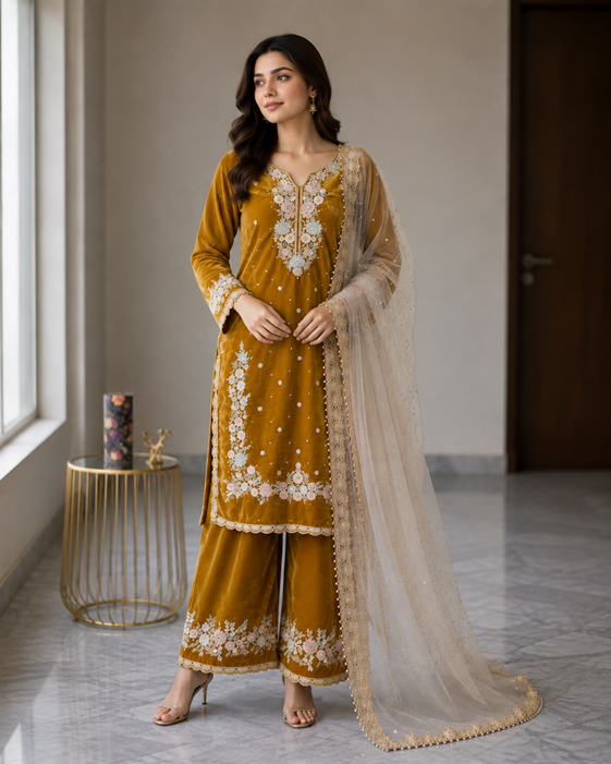 Women's Silk Embroidered 3/4th Sleeve Round Kurti With Palazzo Pant and Dupatta Set (Gold) A3512222212_L
