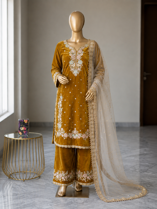 Women's Silk Embroidered 3/4th Sleeve Round Kurti With Palazzo Pant and Dupatta Set (Gold) A3512222212_L