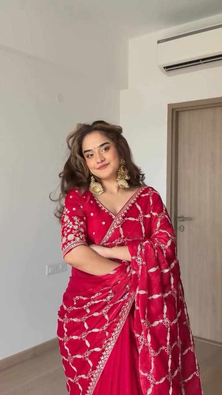 Royal Red Embroidered Party Wear Saree