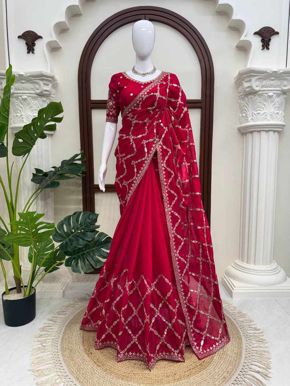 Royal Red Embroidered Party Wear Saree