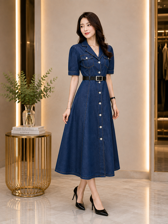 Women's Casual Denim Half Sleeves Dress (Blue) BSB311YYY2185_L