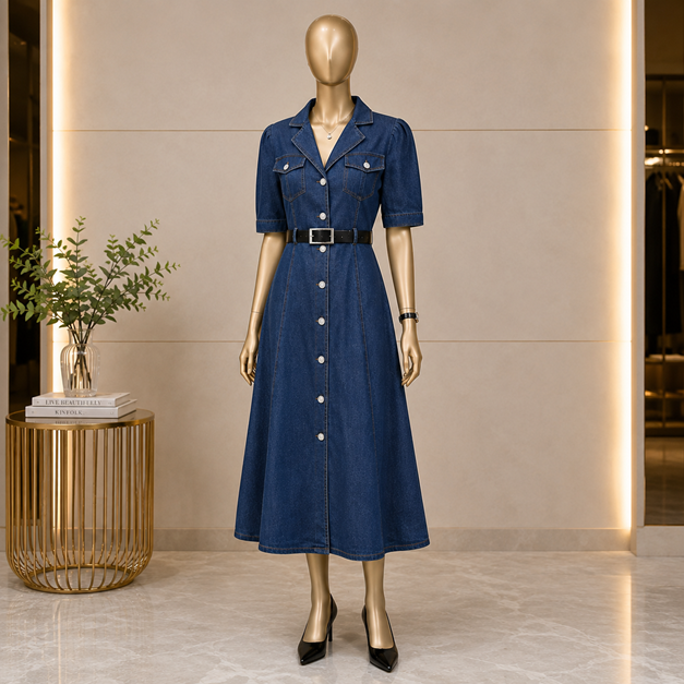 Women's Casual Denim Half Sleeves Dress (Blue) BSB311YYY2185_L