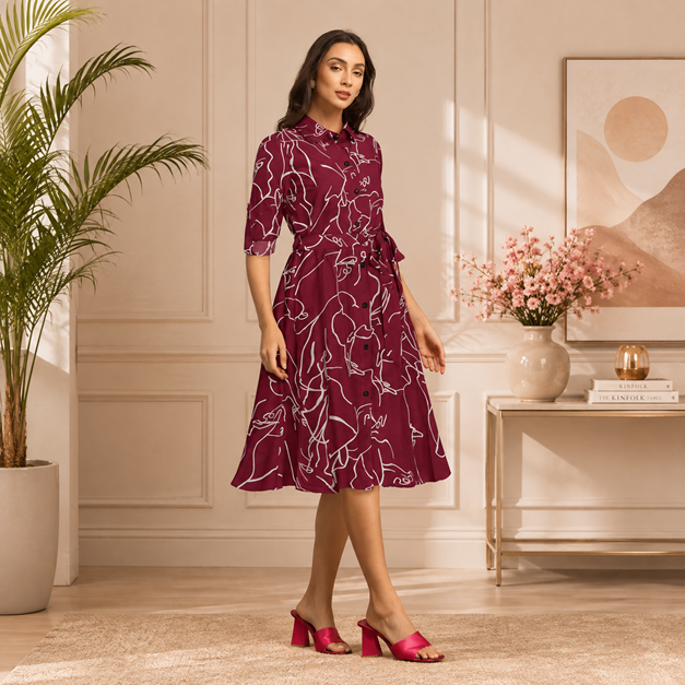 Women's Ruby Cotton Printed Shirt Collar 3-4th Sleeve Dress (Maroon)        BSB71NYYYP_1552_Mron_L