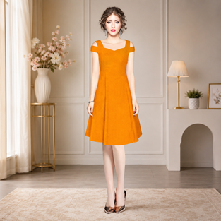 Women's Polyester Solid V Neck Cap Sleeve off Shoulder Dress (Yellow) BSB71NYYYP_D_205_Ylw_L