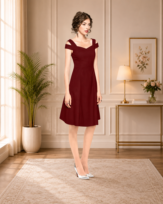 Women's Polyester Solid V Neck Cap Sleeve off Shoulder Dress (Maroon) BSB71NYYYP_D_202_Mron_L
