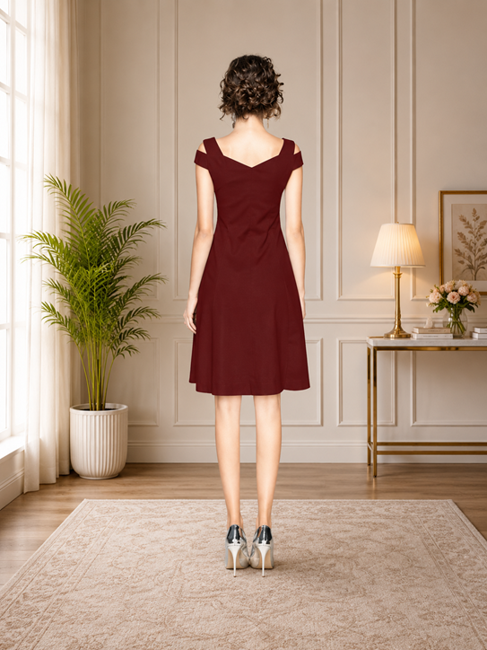 Women's Polyester Solid V Neck Cap Sleeve off Shoulder Dress (Maroon) BSB71NYYYP_D_202_Mron_L