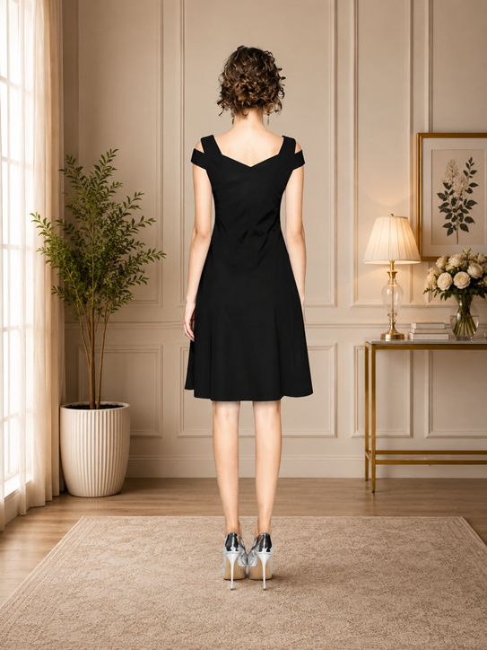 Women's Polyester Solid V Neck Cap Sleeve off Shoulder Dress (Black) BSB71NYYYP_D_201_Blk_L