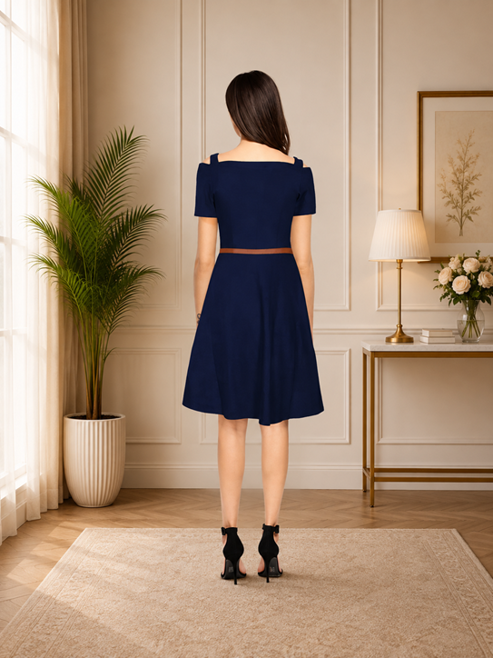 Women's Polyester Solid V Neck Cap Sleeve Dress (Blue) BSB71NYYYP_D_63_Ble_L