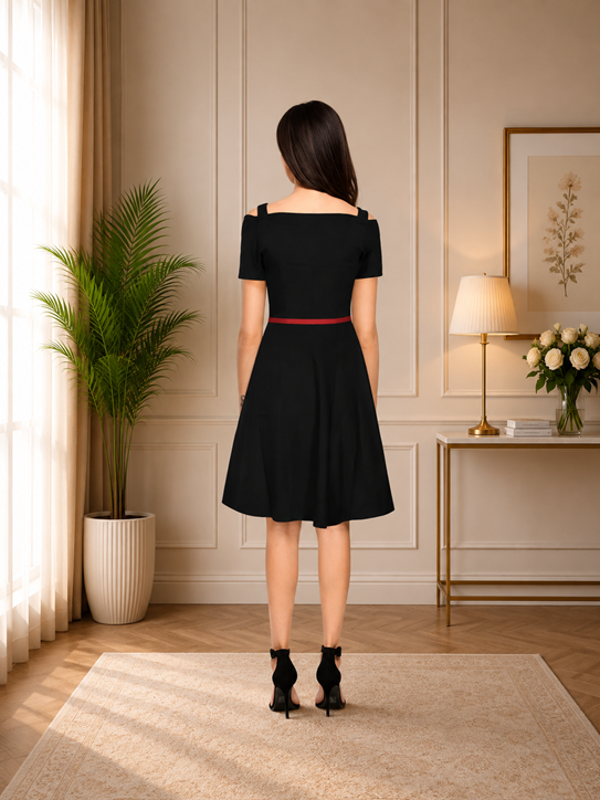 Women's Polyester Solid V Neck Cap Sleeve Dress (Black) BSB71NYYYP_D_61_Blk_L