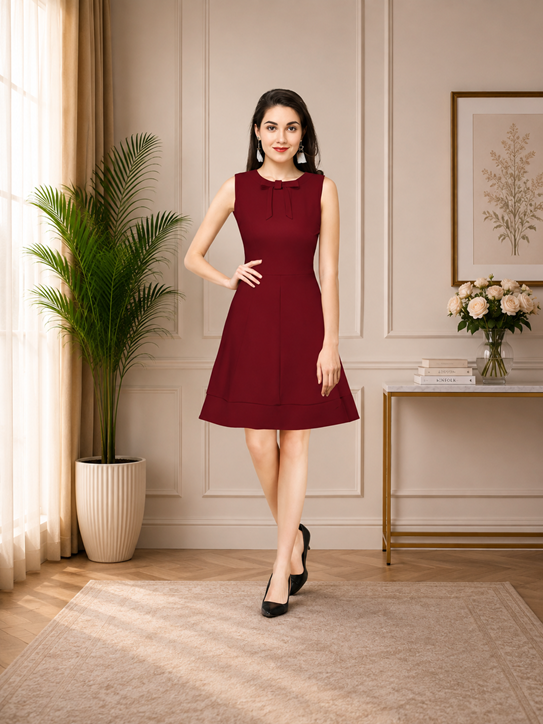 Women's Polyester Solid Round Neck Sleeveless Dress (Maroon) BSB71NYYYP_D_262_Mron_L