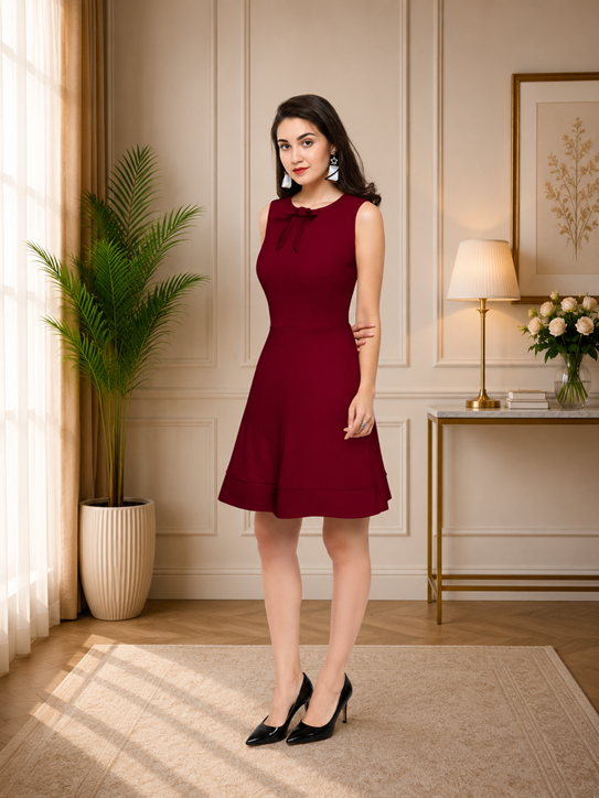 Women's Polyester Solid Round Neck Sleeveless Dress (Maroon) BSB71NYYYP_D_262_Mron_L