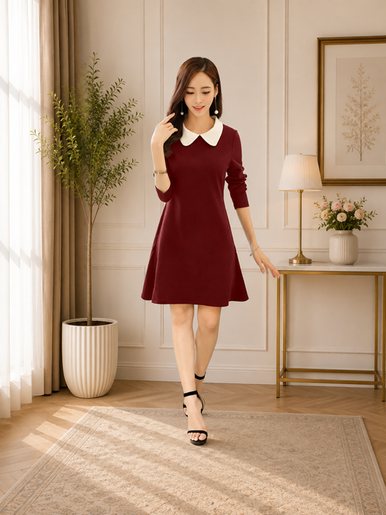 Women's Polyester Solid Collar 3-4th Dress (Maroon) BSB71NYYYP_D_42_Mron_L