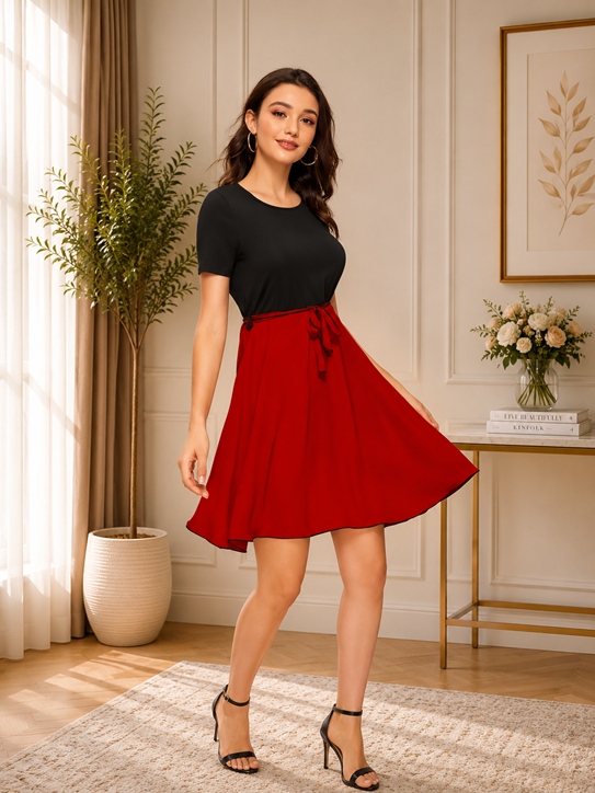 Women's Knitting stretchable Solid Round Neck Cap Sleeve Dress (Red) BSB71NYYYP_D_814_Red_L