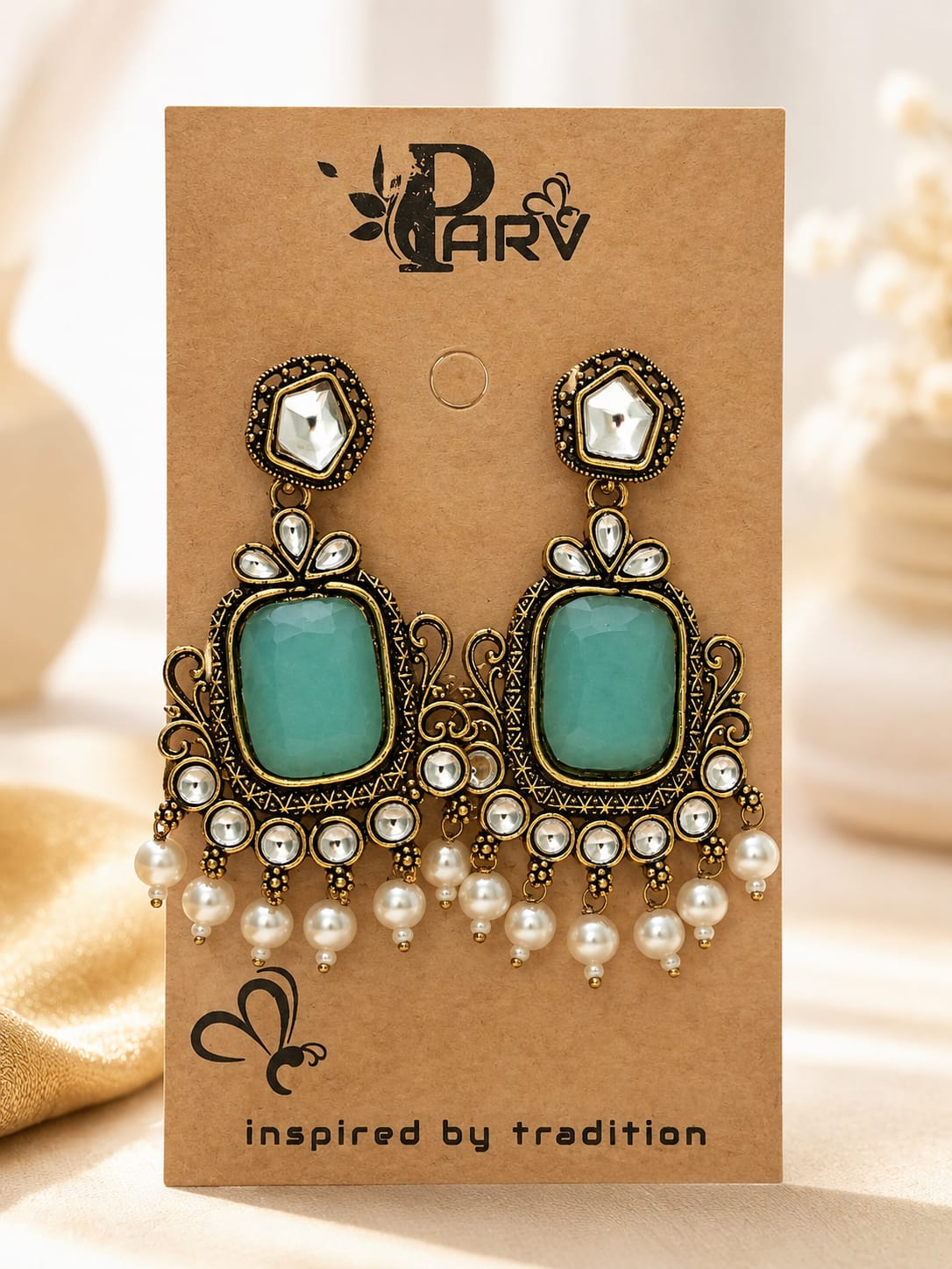 Elegant Green Stone Kundan Pearl Drop Earrings