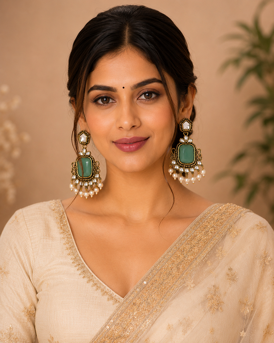 Elegant Green Stone Kundan Pearl Drop Earrings