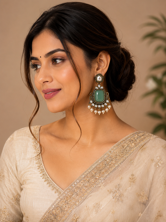 Elegant Green Stone Kundan Pearl Drop Earrings
