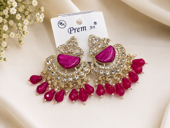 Royal Magenta Kundan Chandbali Earrings with Crystal & Beaded Drops