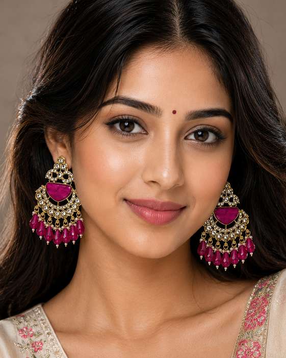 Royal Magenta Kundan Chandbali Earrings with Crystal & Beaded Drops