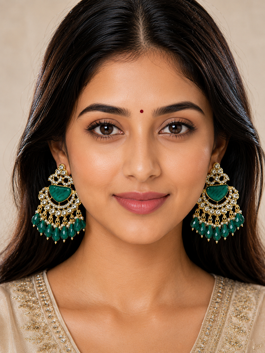 Royal Emerald Green Kundan Chandbali Earrings with Crystal & Beaded Drops