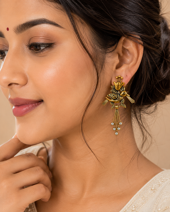 Royal Golden Peacock Earrings with Crystal Drop Detailing