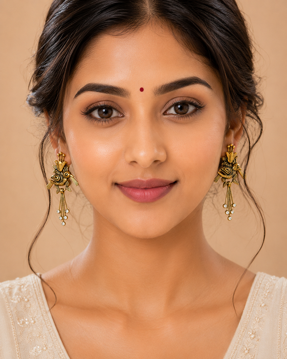Royal Golden Peacock Earrings with Crystal Drop Detailing