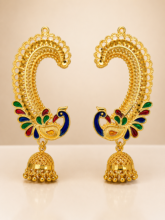 Royal Peacock Meenakari Jhumka Earrings – Multicolor Traditional Design