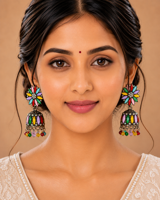 Multicolor Floral Meenakari Jhumka Earrings with Crystal Beads