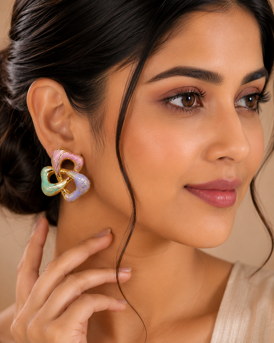 Pastel Multicolor Interlocking Statement Earrings – Gold-Tone Fashion Jewellery