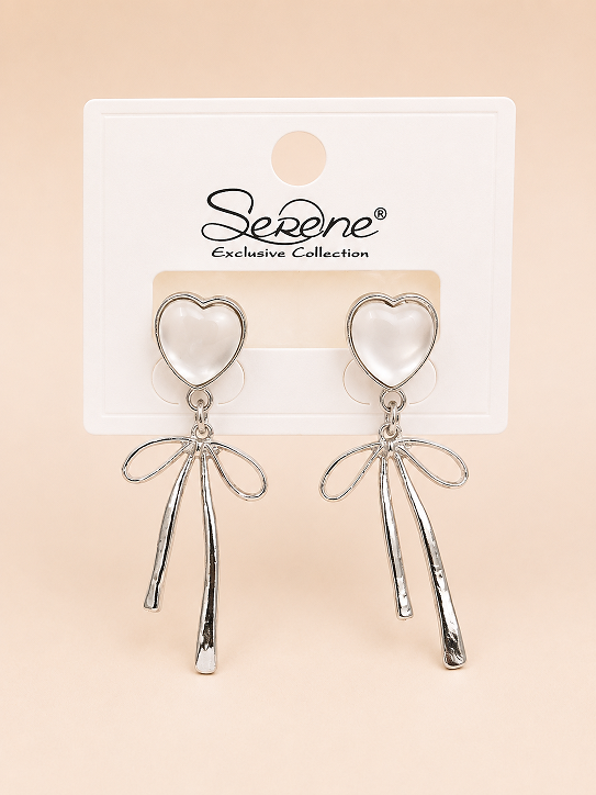 Elegant Silver Heart Bow Drop Earrings