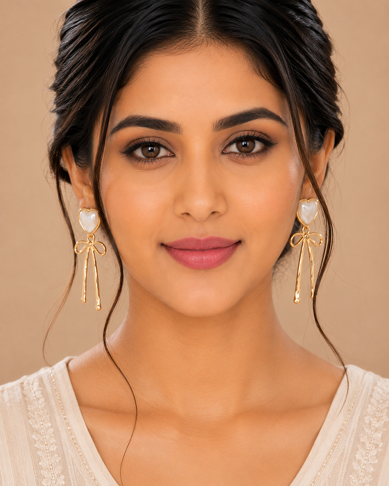 Golden Heart Bow Drop Earrings